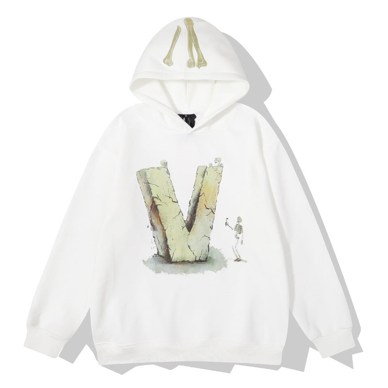 Kanye West Sunday Service Hoodie Skull V Stereo Word Printing Plus Velvet Hoodie