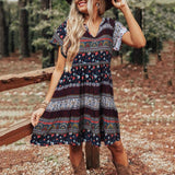 Romany Gypsy Outfits Printed Short Sleeve V-neck Summer Spring Loose Bohemian Style Pleated Dress