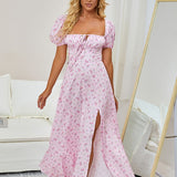 Kendall Jenner Wedding Guest Dress Floral Dress Slit One-Step Skirt Square Collar Puff Sleeve