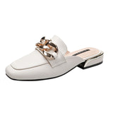 Finn Chain Pointed Toe Mule Closed Toe Sandals Women's Half Slippers Genuine Leather Mules Shoes