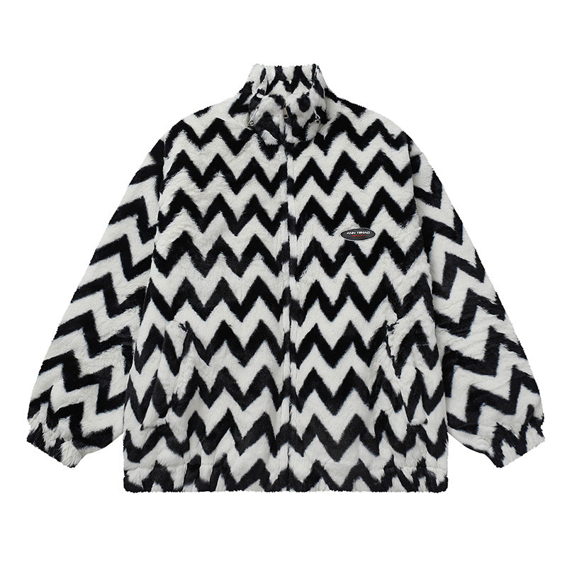 Cardigan Baseball Jacket Corrugated Imitation Rabbit Fur Loose Stand Collar Coat