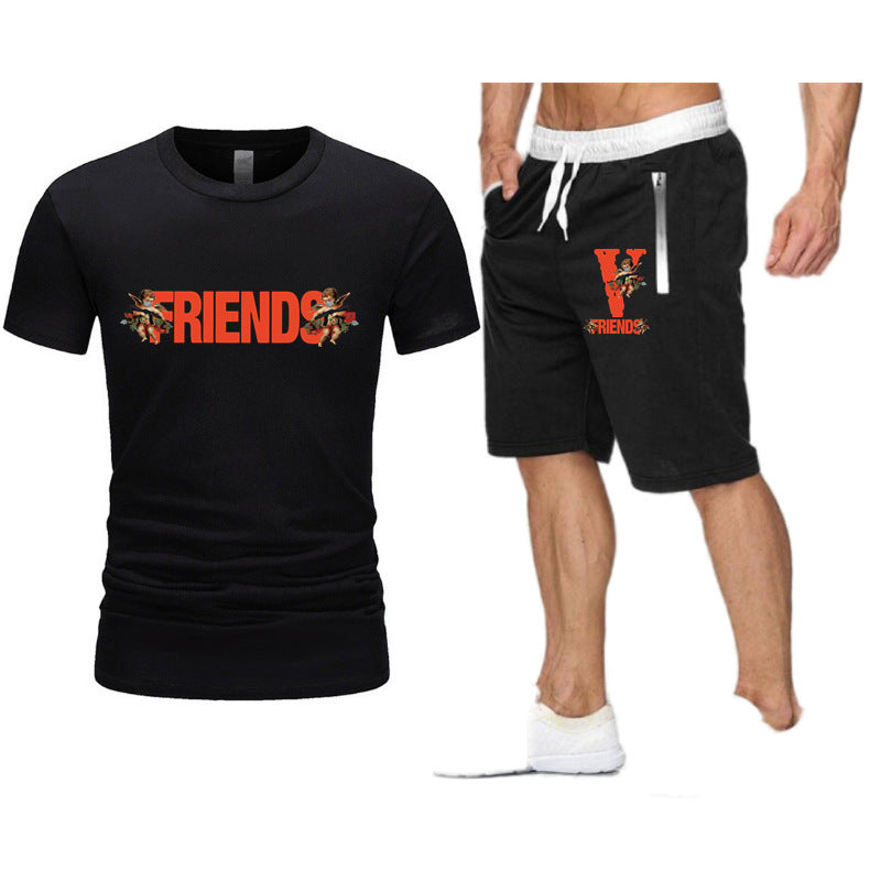 Vlone T Shirts & Shorts 2 Piece Set Large V Printed Short Sleeve Loose Short Sleeve T-Shirt Shorts