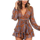 Coachella Music Festival Outfits Printed V-neck Loose Sleeves Belt Double-Layer Pleated Mini Jumpsuit