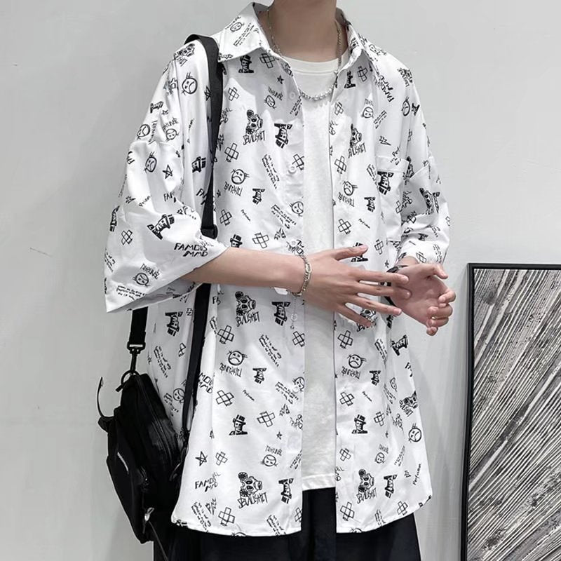 Men Shirts Short Sleeve Loose Style Abstract Pattern Flower Shirt