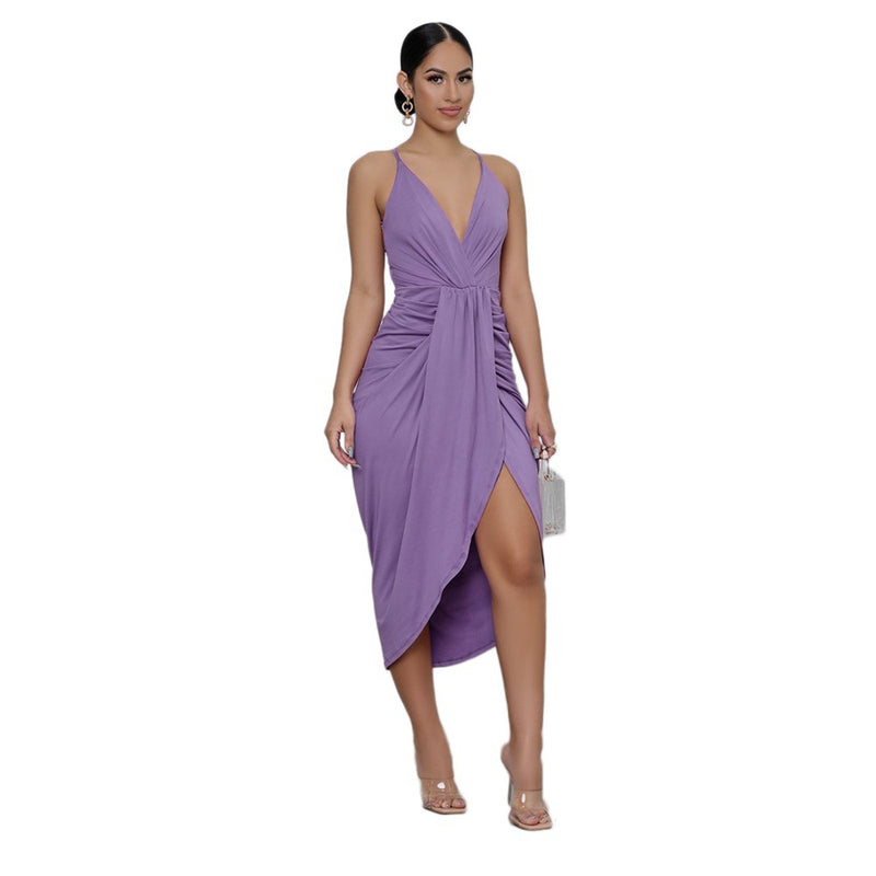MIDI Mauve Cocktail Dress Solid Color Pleated Suspender Casual Women's Dress