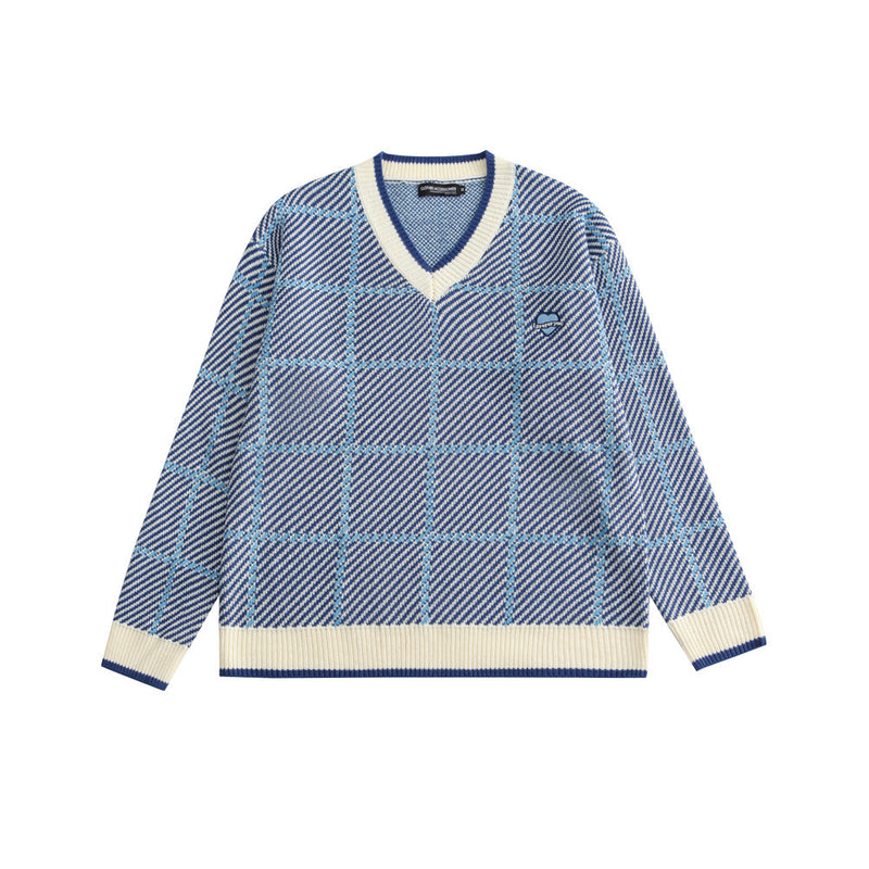 Men Sweater Color Matching Plaid Knitwear Men's Pullover