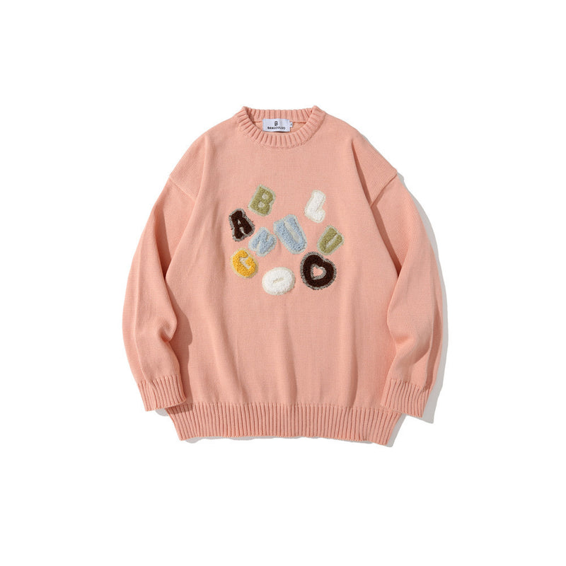 Men Sweater Towel Embroidery Letter Printed Knitted Sweater Men's Pullover Sweater