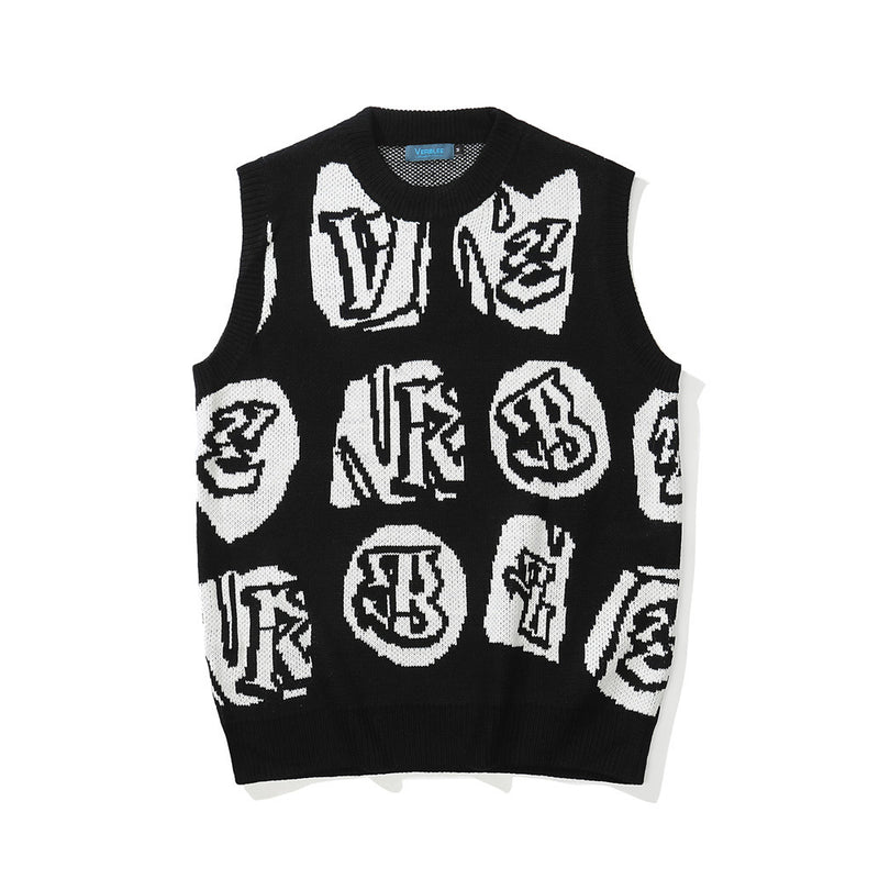 Men Sweater Contrast Color Letter Jacquard Sleeveless Sweater Vest Men's Outer Wear