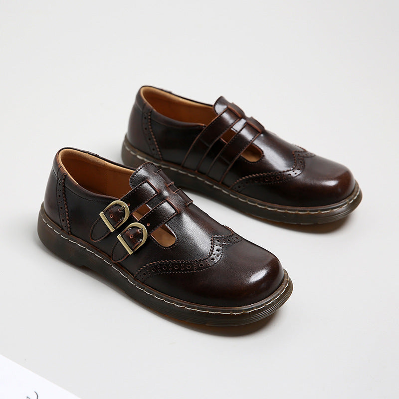 Mary Jane Shoes Summer Thin Flat Round Toe Leather Shoes Women