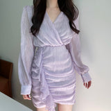MIDI Mauve Wrap Dress Cross V-neck Ruffled Long Sleeve Dress Short Skirt