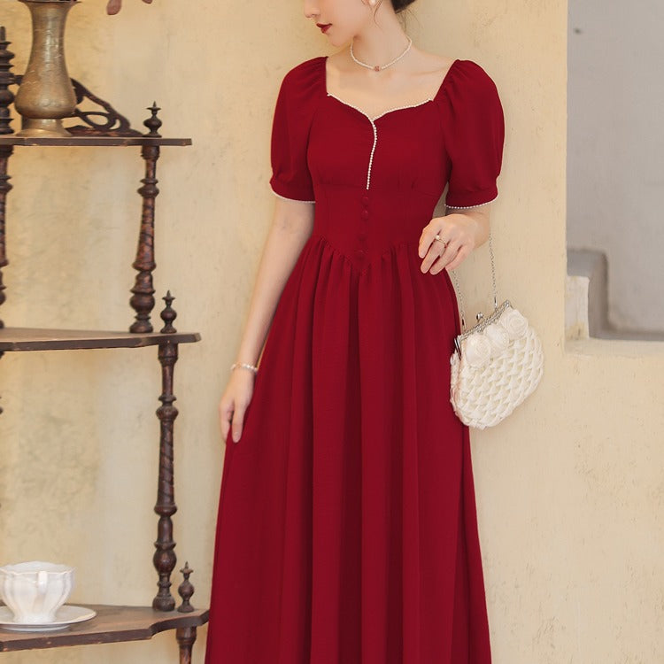 Coachella Music Festival Outfits Women's Retro Red Slim Slimming Short Sleeve Square Collar Dress