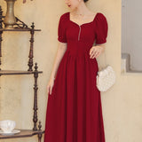 Coachella Music Festival Outfits Women's Retro Red Slim Slimming Short Sleeve Square Collar Dress