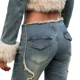 Julia Fox Low Rise Jeans Fashion Irregular Raw Hem Stitching Low Waist distress Embroidered Straight Jeans Casual Trousers