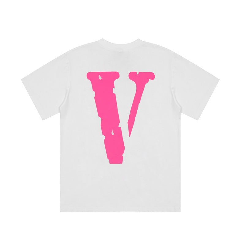 Vlone T Shirt Summer Pink Large V Printed Short Sleeve Loose Casual Men And Women