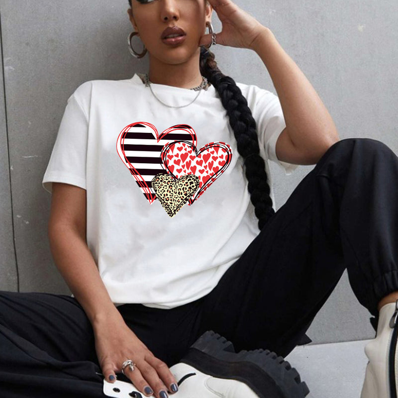 Valentine's Day T Shirt Colorful Plaid Printed Pullover Short Sleeve Women's T-shirt