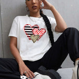 Valentine's Day T Shirt Colorful Plaid Printed Pullover Short Sleeve Women's T-shirt