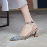 Nude Low Block Heel Toe Cap Pointed Mesh Thick Heel Ankle-Strap