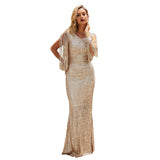 Long Sleeve Burgundy Dress Formal V-neck Long Sleeve Sequined Mop Dress