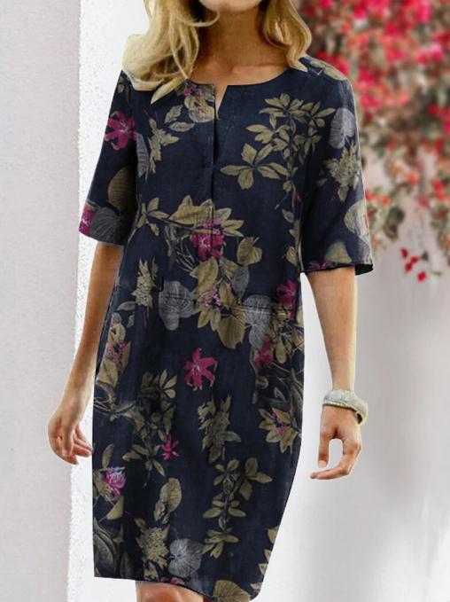 Nine Britton Dress Floral Floral Print Slit round Neck Half Sleeve