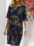 Nine Britton Dress Floral Floral Print Slit round Neck Half Sleeve