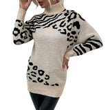 Women Pullover Knit Sweater Women's Clothing Autumn and Winter Turtleneck Leopard-Print Sweater Female Dress Sweater