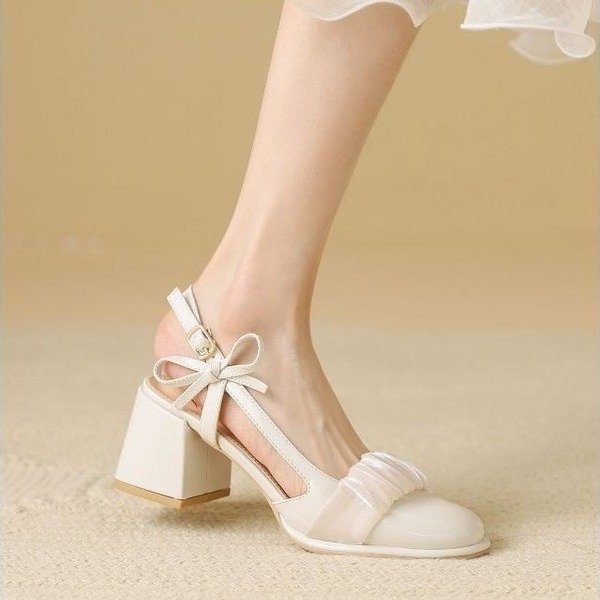 Nude Low Block Heel Chunky Heel Low-Cut Bow