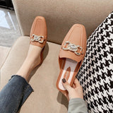 Finn Chain Pointed Toe Mule Rhinestone Bow Ferrule Half Slippers Faux Leather Women's Shoes