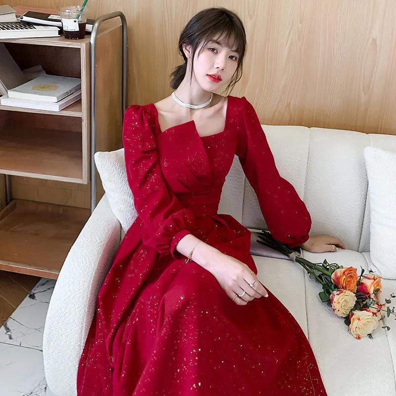 Long Sleeve Burgundy Dress Formal Long Sleeve Slim Little Red Dress Dress