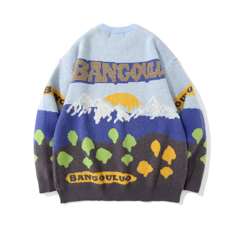 Men Sweater Landscape Jacquard Color Matching Knitted Sweater Men's Trendy Pullover