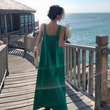 Emerald Green Dress Sleeveless Organ Pleated Suspender Vest Loose