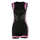 Summer Women's Printed Contrast Color Sexy Sleeveless Sheath Tight Sports Jumpsuit