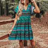 Romany Gypsy Outfits Printed Short Sleeve V-neck Summer Spring Loose Bohemian Style Pleated Dress