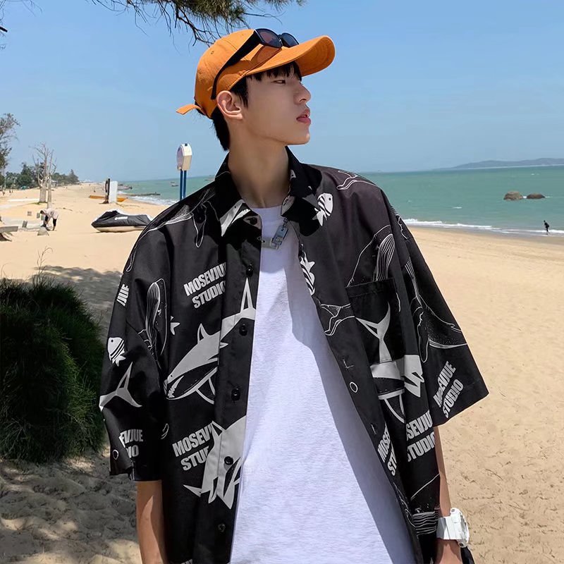 Men Shirts Full Printed Letter Print Short-Sleeve Lapel Shirt Loose
