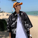 Men Shirts Full Printed Letter Print Short-Sleeve Lapel Shirt Loose