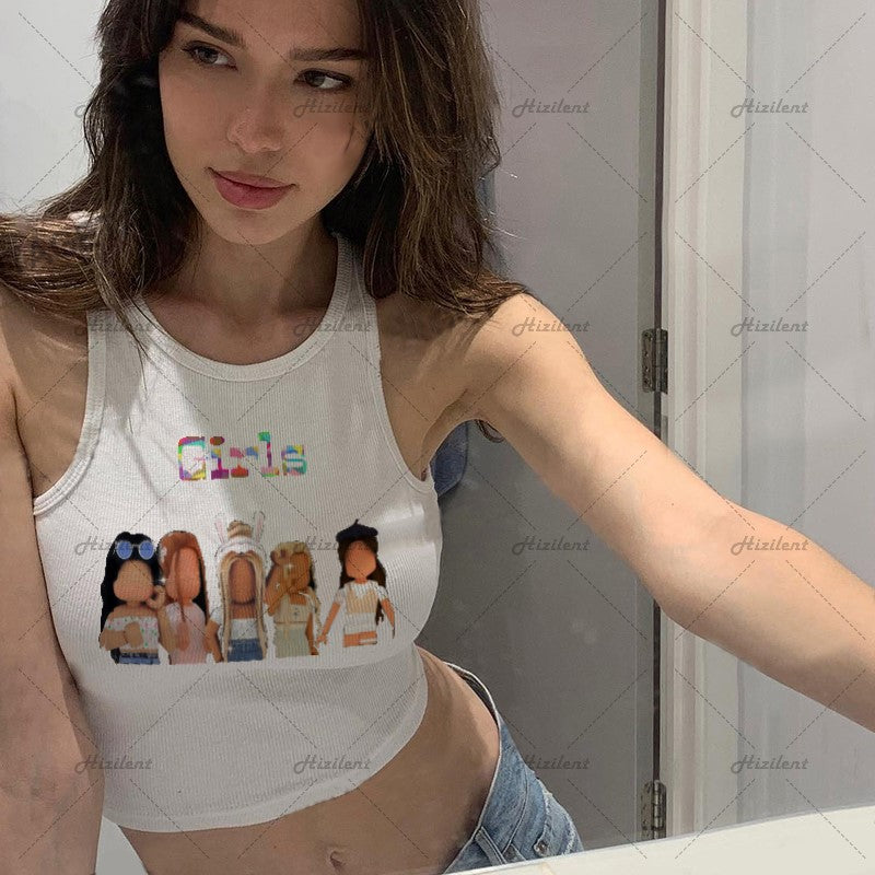 Vintage Y2g Shirts Sexy Cartoon Print Sleeveless Women's Clothing