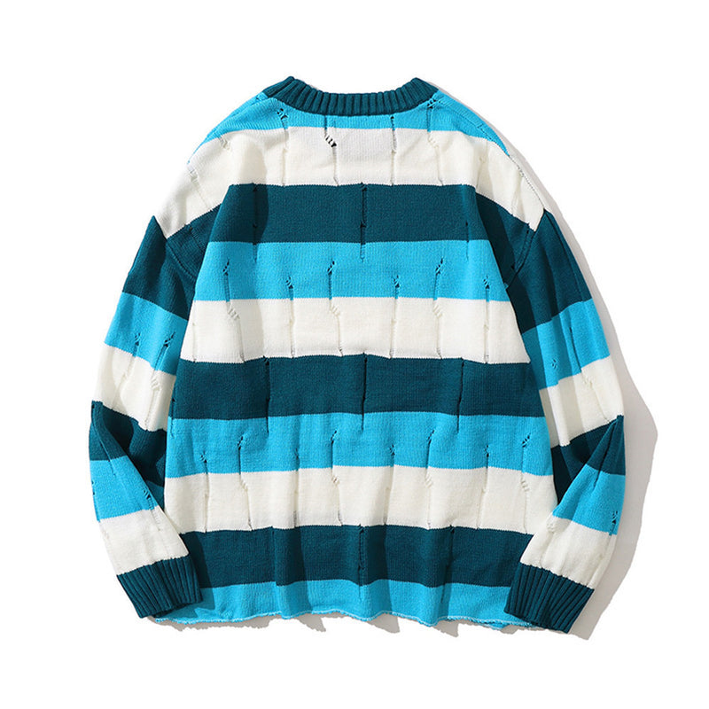 Men Sweater Ripped Striped Sweater Men's round Neck Sweater Pullover