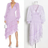 Mauve Dress Bridesmaid Autumn Dress V-neck Long-Sleeved High Waist Fashion Midi Dress for Women
