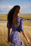 Kendall Jenner Wedding Guest Dress Retro Purple Floral Puff Sleeve Stringy Selvedge Lace-Up V-neck Waist Slimming