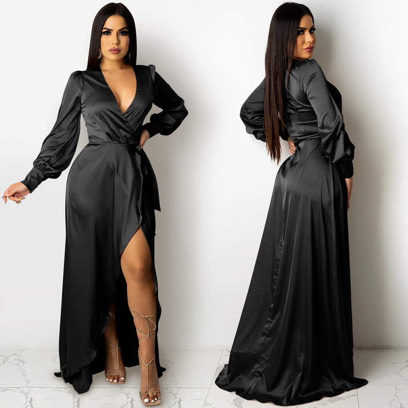 Kendall Jenner Wedding Guest Dress Fashion Sexy Solid Color Women's Deep V Tied Long Sleeves Split Bohemian
