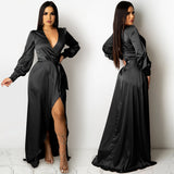 Kendall Jenner Wedding Guest Dress Fashion Sexy Solid Color Women's Deep V Tied Long Sleeves Split Bohemian