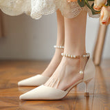 Nude Low Block Heel Pearl Buckle Pointed Toe Pumps