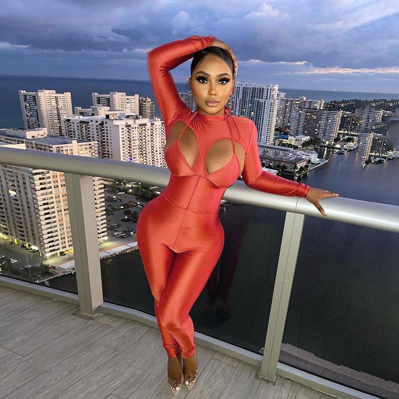 Women's Spring Clothing Solid Color Sexy Cutout Hip Lifting Sport Jumpsuit