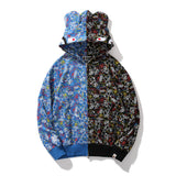 Bape Bearbrick Hoodie Blue And Black Camouflage Stitching Shark Zipper Hooded Ear Sweater