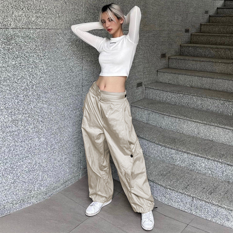 Julia Fox Low Rise Jeans Street Style Hot Girl Casual Sports Trousers Solid Color Irregular Pleated Loose Slimming Hip-Hop Pants