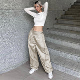 Julia Fox Low Rise Jeans Street Style Hot Girl Casual Sports Trousers Solid Color Irregular Pleated Loose Slimming Hip-Hop Pants