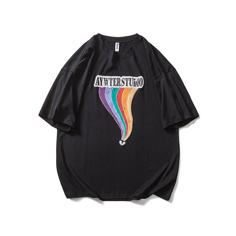Men T Shitrs Rainbow Line Printed Round Neck