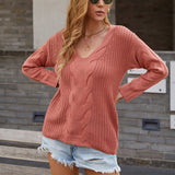 Women Pullover Knit Sweater Autumn and Winter Knitwear Solid Color and V-neck Sweater Women's Top