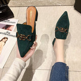 Finn Chain Pointed Toe Mule Shoes Women's Metal Buckle Thick Heel Toe Box Half Slippers Outdoor Mules