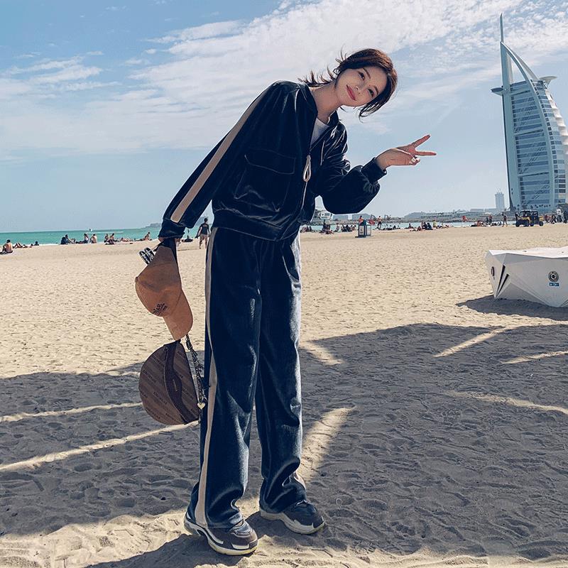 Velour Tracksuit Fashion Casual Baseball Uniform Two-Piece Set