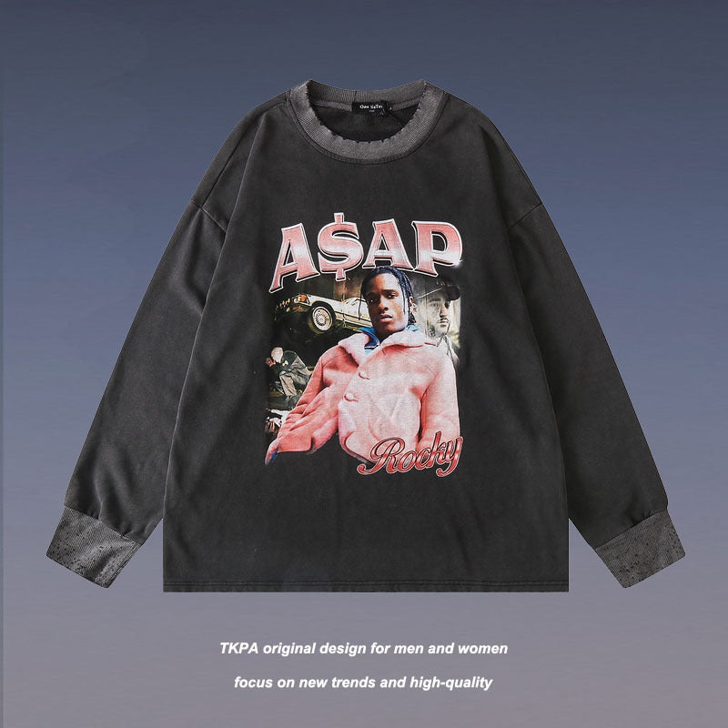 Man Fall Outfits Vintage Print Loose Long Sleeve Sweatershirt